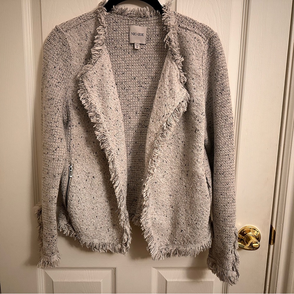 Nic+Zoe Women's Gray Cream Fringed Sweater Jacket M